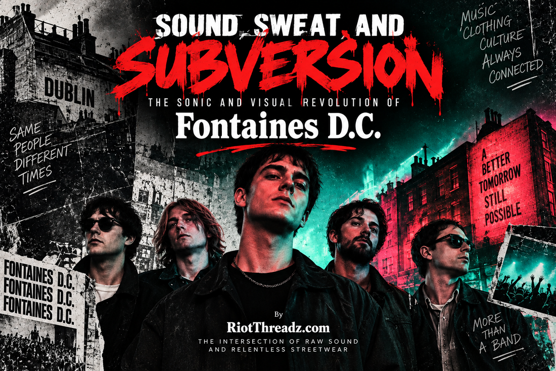 Sound Sweat and Subversion Featured Image of Fontaines D.C. with band members' cutouts with monochrome darks and neon red bright Dublin buildings and slogans.