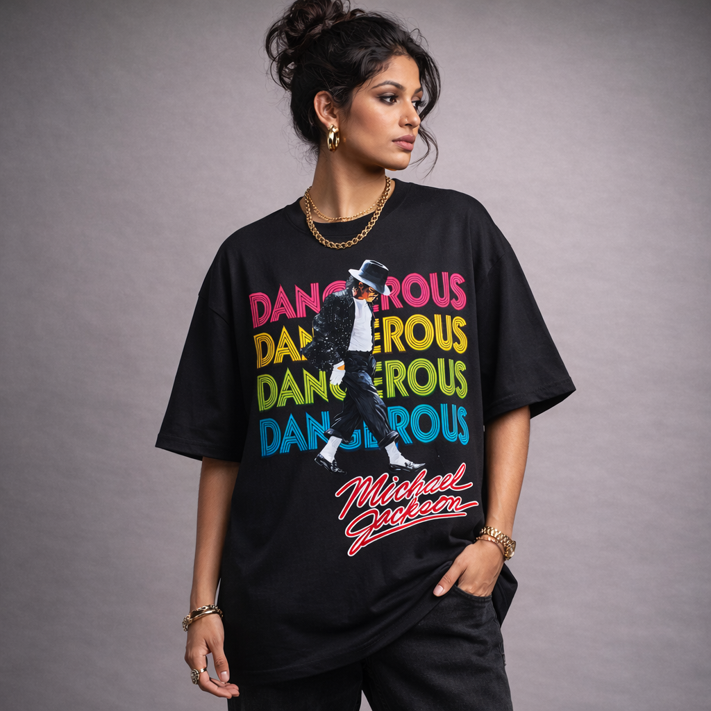 Riot Threadz Michael Jackson Dangerous Neon Multicolor Retro Typography Oversized Graphic T Shirt