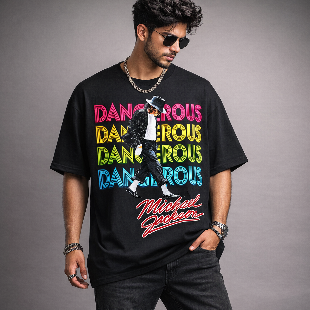 Riot Threadz Michael Jackson Dangerous Neon Multicolor Retro Typography Oversized Graphic T Shirt