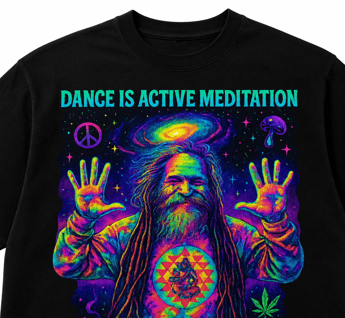 Goa Gil Unisex Oversized Graphic T Shirt With Dance Is Active Meditation Neon Psychedelic Design Close Up