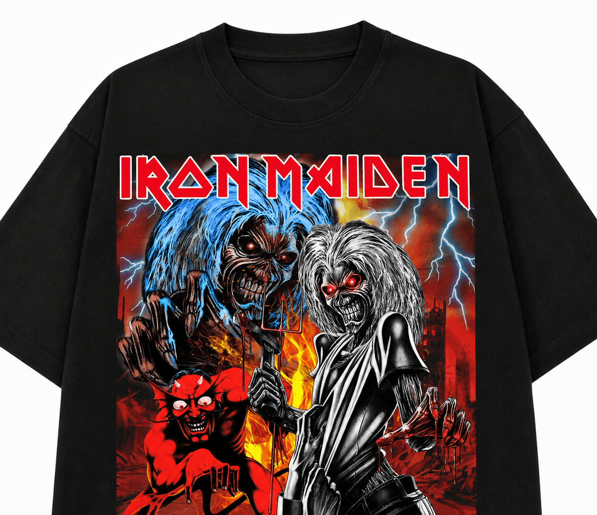 Iron Maiden Unisex Oversized Graphic T-Shirt Red Eddie Apocalypse Design Close Up