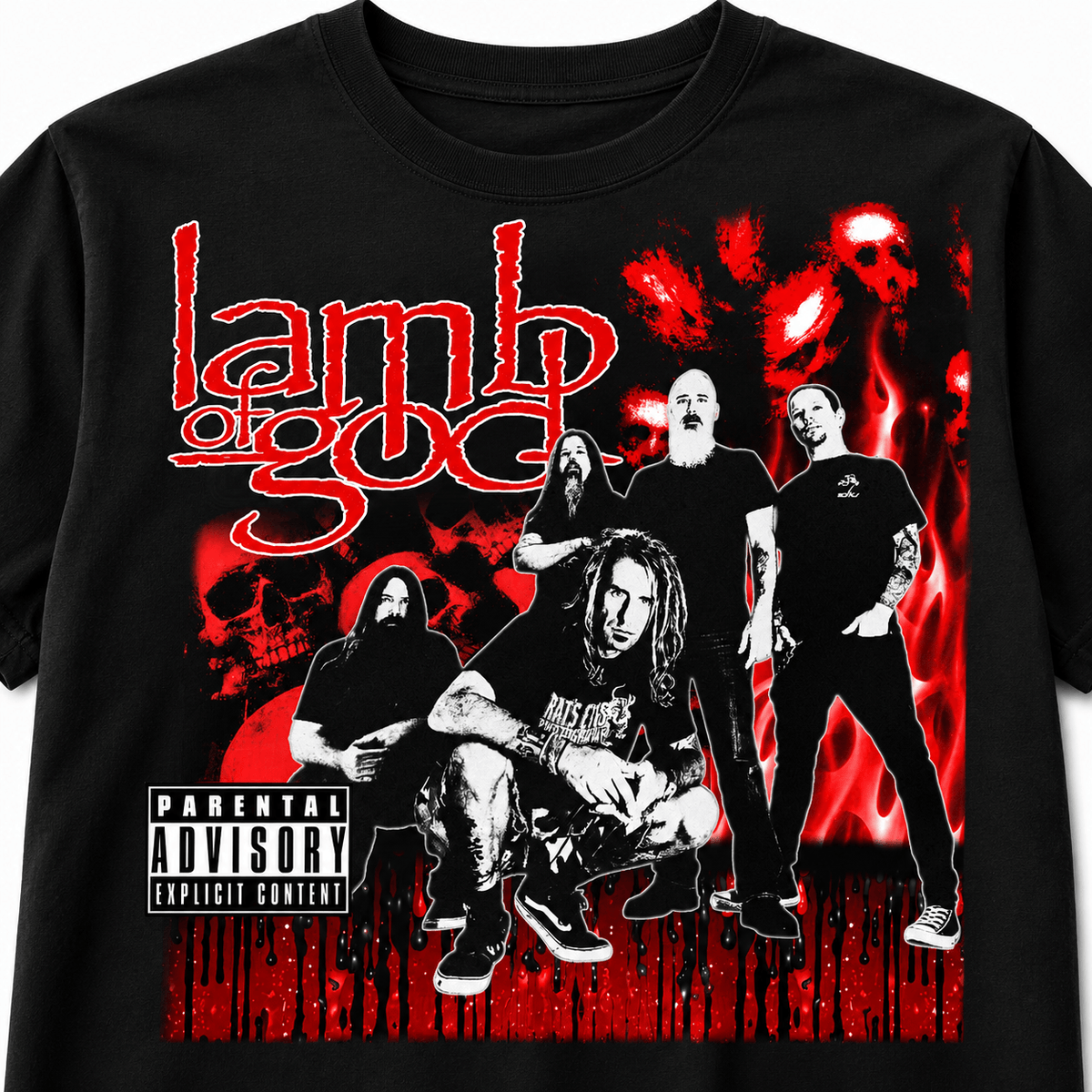 Lamb Of God Unisex Oversized Graphic T-Shirt  Blood Red Band Collage Chaos Design Close Up