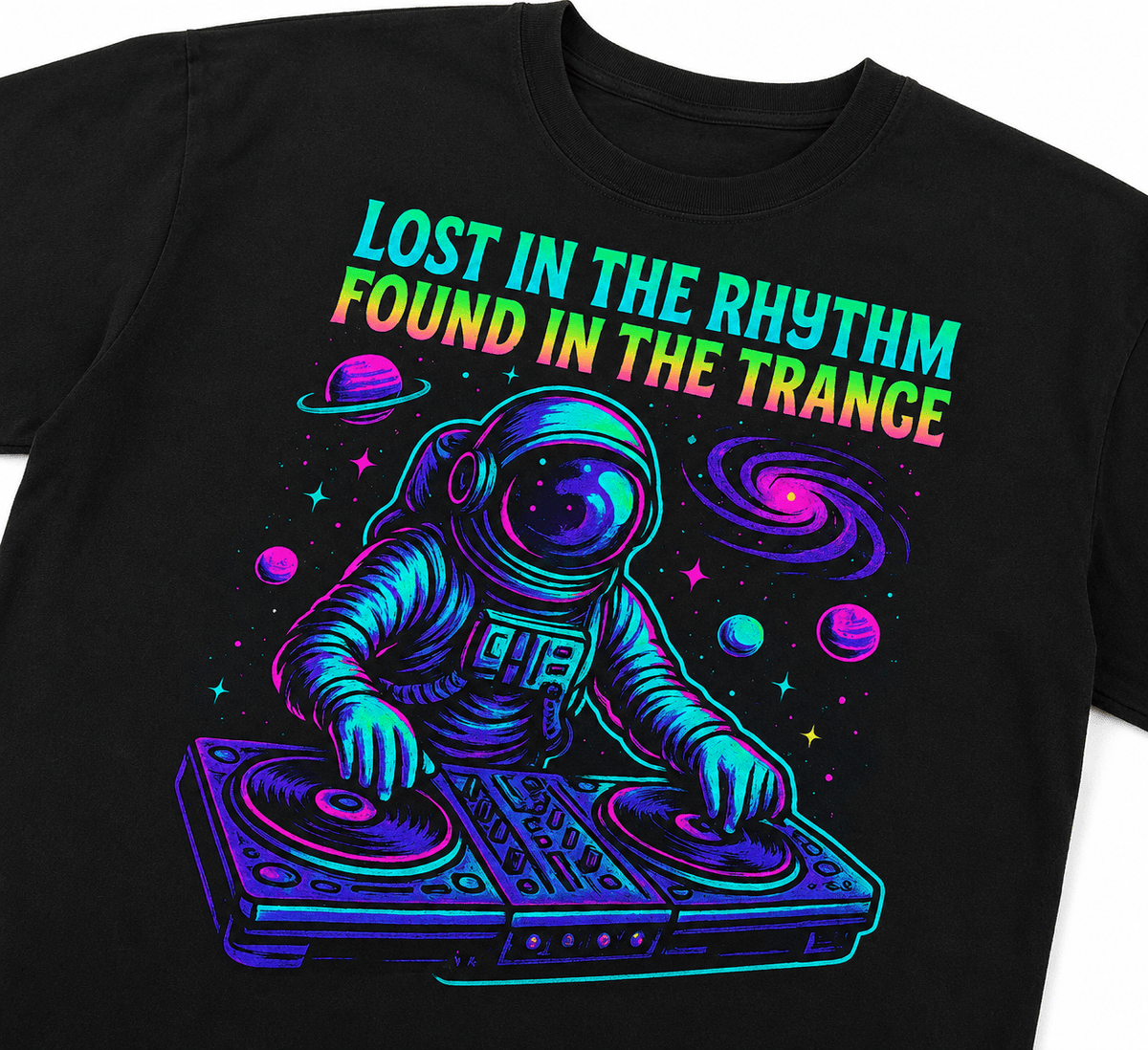 Lost In The Rhythm Unisex Oversized Graphic T-Shirt With Cosmic Purple Astronaut DJ Design Close Up