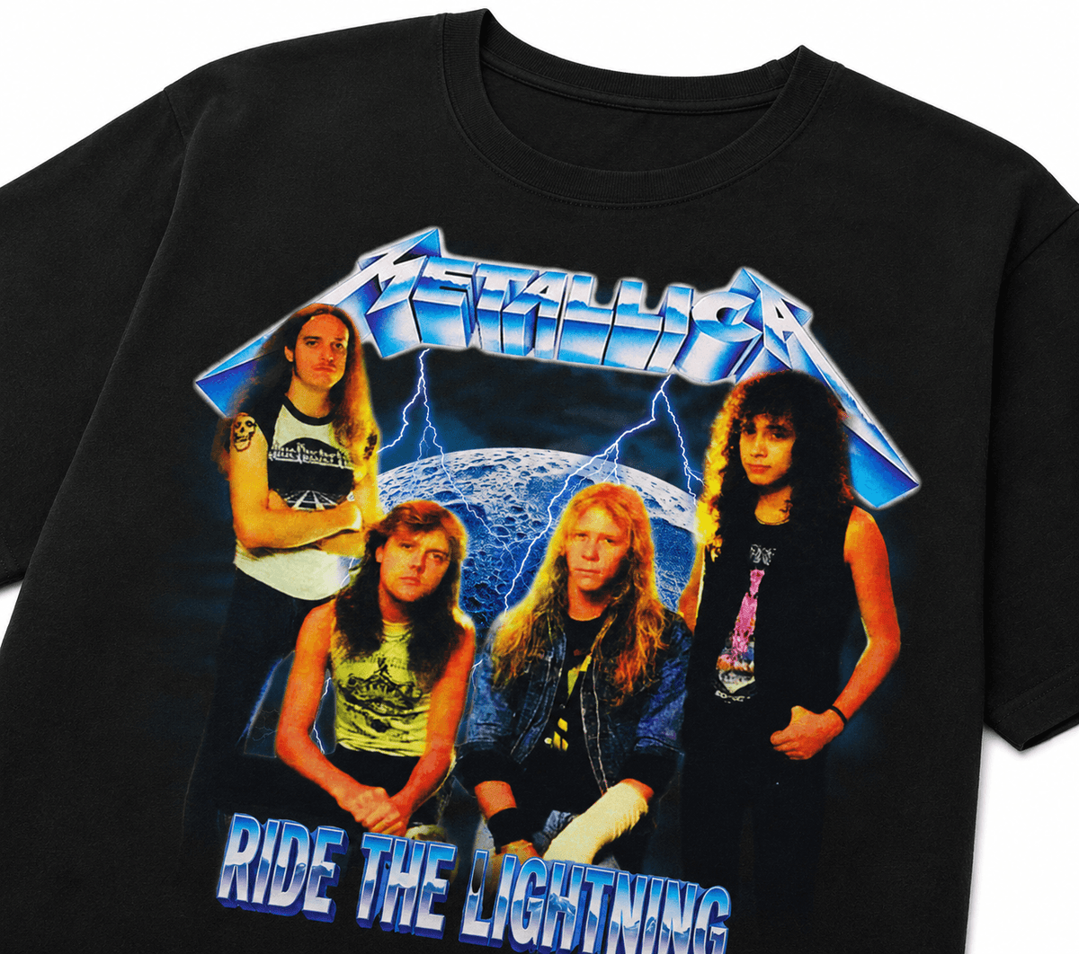 Metallica Ride The Lightning Unisex Oversized Graphic T-Shirt Black Electric Gothic Lettering Design Close-Up