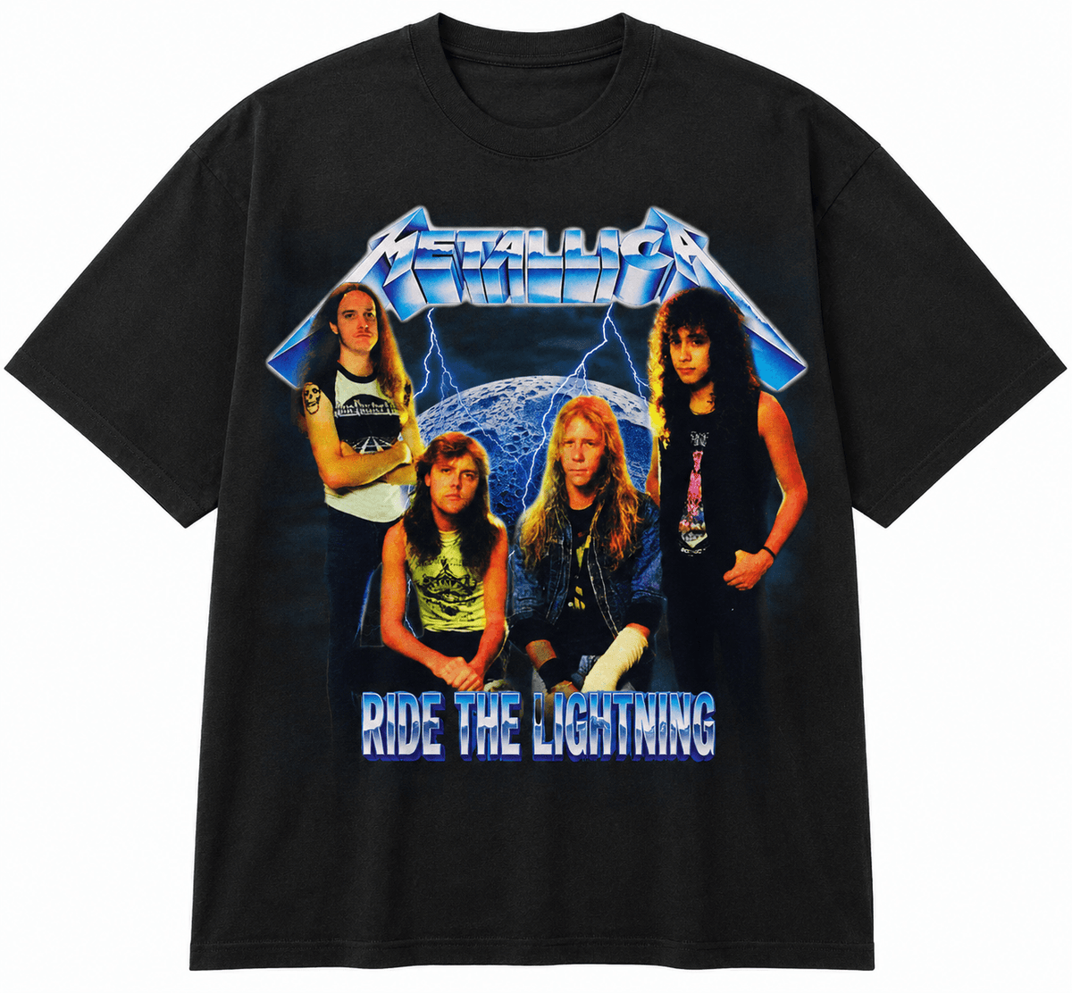 Metallica Ride The Lightning Unisex Oversized Graphic T-Shirt Black Electric Gothic Lettering Design Front