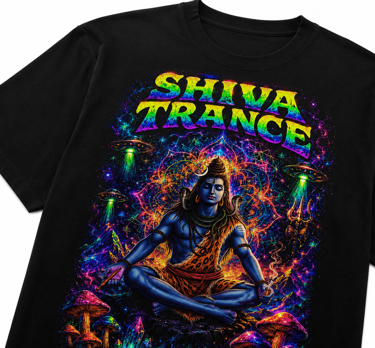Shiva Trance Unisex Oversized Graphic T-Shirt Cosmic Neon Psychedelic Meditation Design Close Up