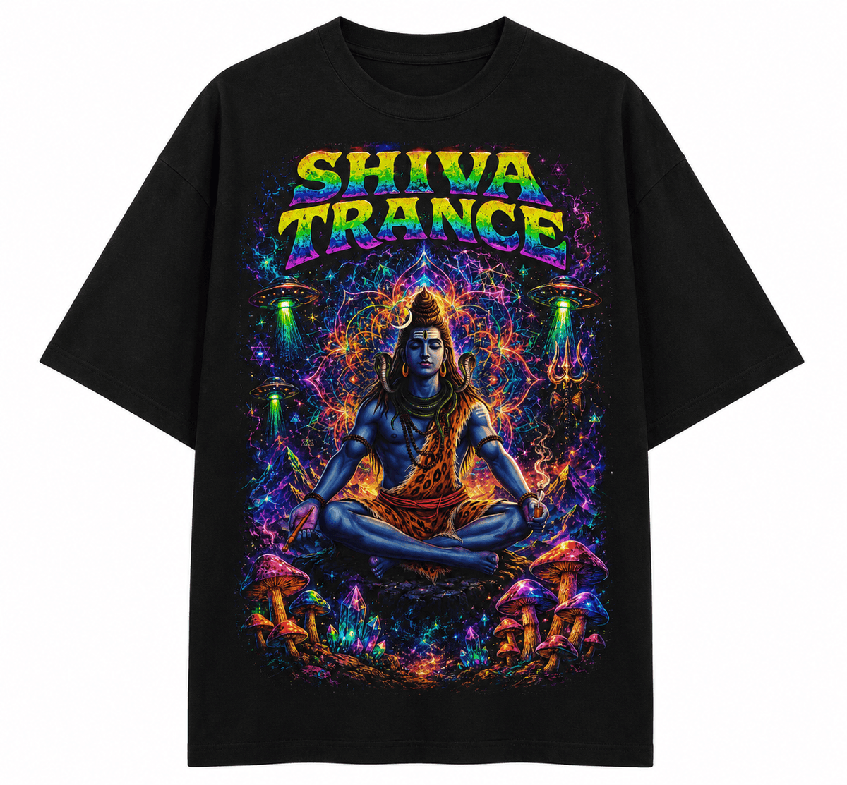 Shiva Trance Unisex Oversized Graphic T-Shirt Cosmic Neon Psychedelic Meditation Design Front