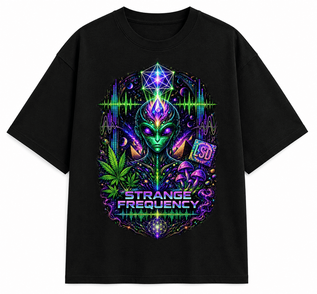 Psytrance Strange Frequency Unisex Oversized Graphic T-Shirt With Neon Purple Design Front 