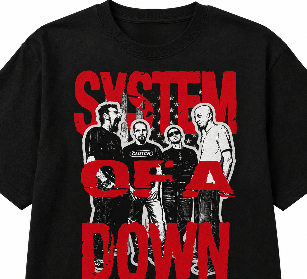 System Of A Down Unisex Oversized Graphic T-Shirt Toxic Red Distressed Band Collage Chaos Design Close Up