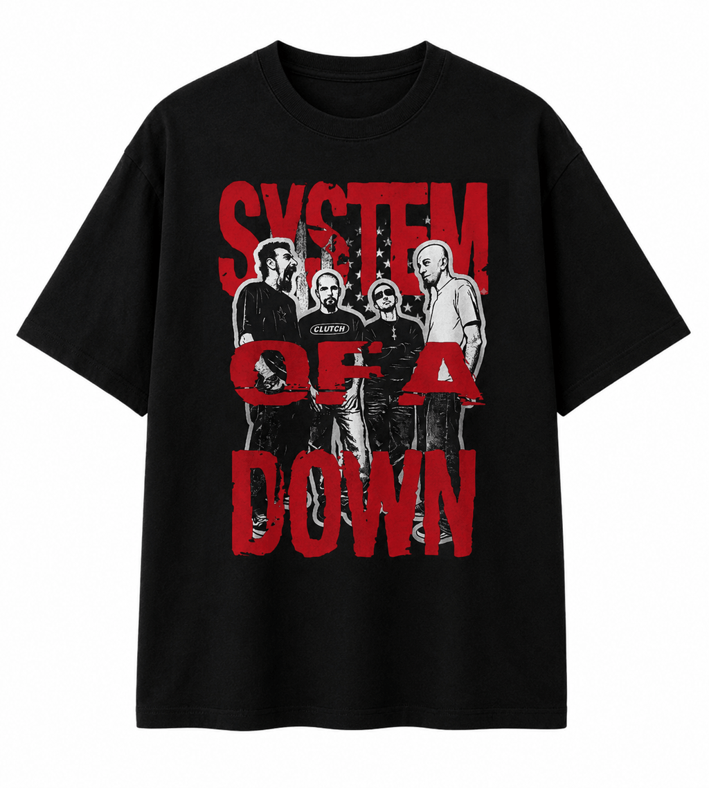System Of A Down Unisex Oversized Graphic T-Shirt Toxic Red Distressed Band Collage Chaos Design front 